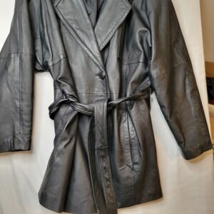 Vintage Silverleaf 100% Leather Coat Women's. Sash Tie Pockets Collared Sz Large